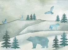 Watercolor Green Winter Animals And Landscape With Pine Tree Hand Painted Background