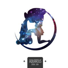 Modern magic witchcraft card with astrology Aquarius zodiac sign. Aquarius silhouette with outer space inside