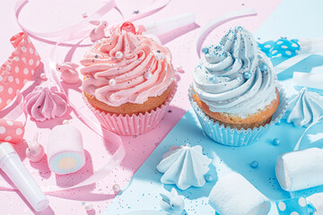 gender party. boy or girl. two cupcakes with blue and pink cream, celebration concept when the gender of the child becomes known