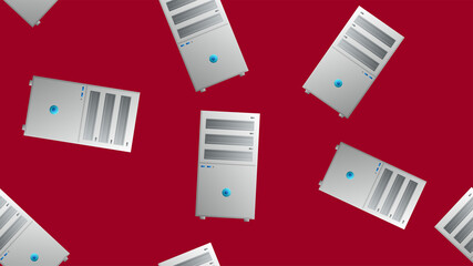 Poster - Endless seamless pattern of beautiful digital virtual virtual modern new IT system units of computers on a red background. illustration