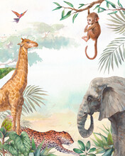 Tropical Card Background. Illustration With Elephant, Chimp, Leopard And Giraffe. Safari Animal And Jungle Flora On Watercolor Background.