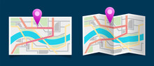 Folded Maps With Pink Color Point Markers. Maps With Pin Pointing On A Location.