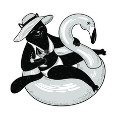 Canvas Print - Black cat swims on a swim ring in the form of a flamingo. Funny Cat in swimsuit and hat with cocktail. Flat cartoon character