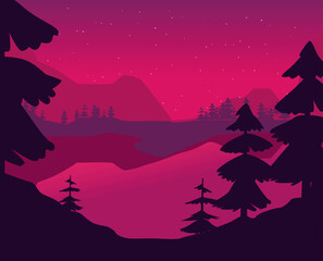 Wall Mural - Landscape of river and pine trees at night vector design