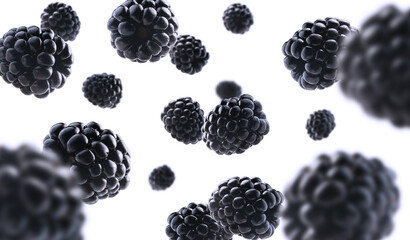 Ripe blackberries levitate on a white background