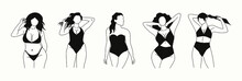 Stylish Graceful Faceless Lady. Abstract Curvy Girls. Hand Drawn Outline Graphic Icons, Female Logos. Black Vector Trendy Fashion Illustration