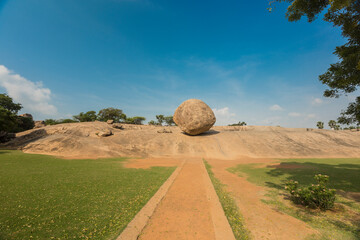 Krishna's butterball, the giant natural balancing rock in Mahabalipuram, Tamil Nadu, India