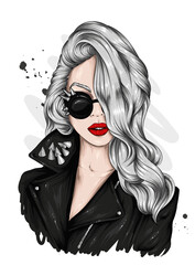 Beautiful girl in a stylish leather jacket and glasses. Fashion and style, clothing and accessories. Vector illustration.
