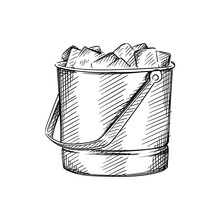 Hand Drawn Sketch Of Ice Bucket For Cold Drinks On A White Background. Black And White Sketch Of Bucket With Ice. Bar Inventory