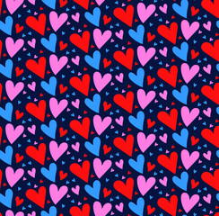 Wall Mural - vector seamless pattern with hand drawn bright colorful hears. romantic childish background, wrappin