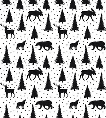 Poster - Vector seamless pattern of hand drawn forest animals and spruce trees silhouette isolated on white background