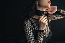 Close Up Of Sensual Female With Red Lips And Leather Bondage Collar Choker