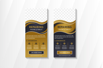 Poster - Set of abstract vertical banner template design with example of headline is repairing phone and tablet. gold and black gradient colors combination. wave style use space for photo. 