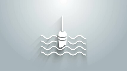 Poster - White Fishing float in water icon isolated on grey background. Fishing tackle. 4K Video motion graphic animation