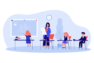 Poster - Cartoon kids learning in classroom and painting. Teacher, children, school flat vector illustration. Education and study concept for banner, website design or landing web page