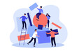 Team working together on abstract idea. People carrying subjects of different shapes and putting together geometrical puzzle. Vector illustration for chaos, teamwork, failure arranging concepts