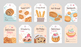 Fototapeta Boho - Bakery tags set. Loaves of bread, buns, cupcake, muffin, sandwich vector illustrations with text. Food, holiday and dessert concept for labels, flyers and postcards design