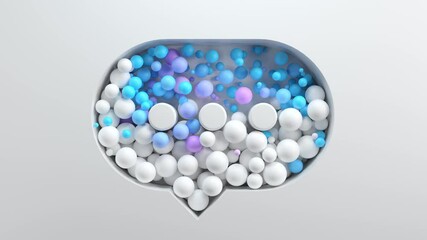 Poster - 3d bright render background with cut out shape filled with colored spheres. Bright positive concept. Message balloon.