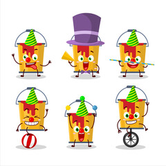 Sticker - Cartoon character of yellow paint bucket with various circus shows