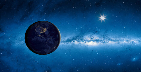 Poster - View of Earth from outer space with millions of stars around it.