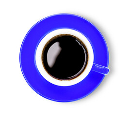 Wall Mural - Blue cup of black coffee isolated on white background with clipping path. Top view. Flat lay.