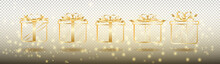 Gold Gift Box Vector Icon Set. Presentation Line Symbols Isolated On Gold Gradient Color. Sell, ​​shopping Ideas. A Simple Design Collection For Birthday, Christmas.