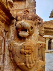 Ancient sandstone carvings of Lion sculpture face and body carved on the walls of historical walls of Kanchi Kailasanathar temple in Kanchipuram, Tamilnadu, India.