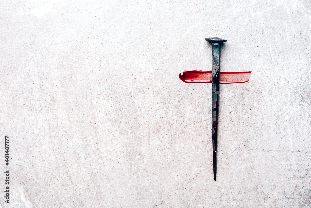 Christian cross made with rusty nails, drops of blood on grey background. Copy space. Good Friday, Easter day. Christian backdrop. Biblical faith, gospel, salvation concept. Jesus Christ Crucifixion - obrazy, fototapety, plakaty 
