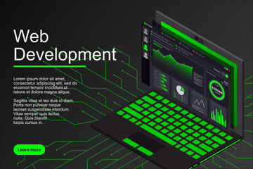 Web development concept. Web design and development vector isometric illustrations. Creative vector illustration. Web site landing page layout or banner template