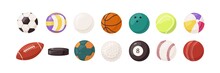 Collection Of Round And Oval Balls For Different Sports And Recreational Activities Vector Flat Illustration. Set Of Various Equipment For Sport Games Isolated On White Background