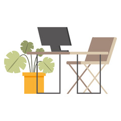 Poster - computer on desk with chair and plant vector design