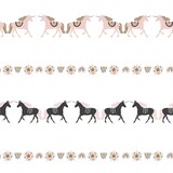 Decorative seamless pattern with unicorns, stars, rainbows in vintage boho style. Wild magic horses for wrapping paper, wallpaper, fabric. Mystical background in pastel colors. Vector illustration