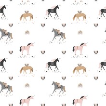 Decorative Seamless Pattern With Unicorns, Stars, Rainbows In Vintage Boho Style. Wild Magic Horses For Wrapping Paper, Wallpaper, Fabric. Mystical Background In Pastel Colors. Vector Illustration