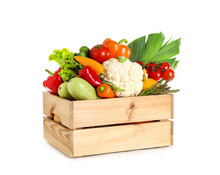 Wooden Crate With Fresh Vegetables On White Background