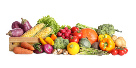 Pile of different fresh vegetables on white background