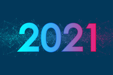 Fototapete - Merry Christmas and Happy New Year 2021 greeting card. Modern futuristic template for 2021. Digital data visualization. Business technology concept illustration.
