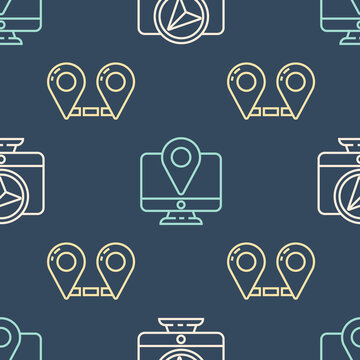 Set line Monitor with location marker, Route location and Monitor with location marker on seamless pattern. Vector.