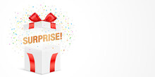 Open White Gift Box With Exploded Confetti, And Surprise Message, Isolated On A White Background With Copy Space. Horizontal Vector Banner Of The Mystery Box, For Prize Offer Promotion.