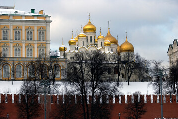 Architecture of Moscow Kremlin in winter. Popular landmark.