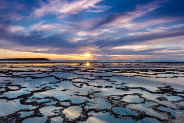 Sticker - beautiful sunset over the ocean with rocky beach and tidal pools in the foreground