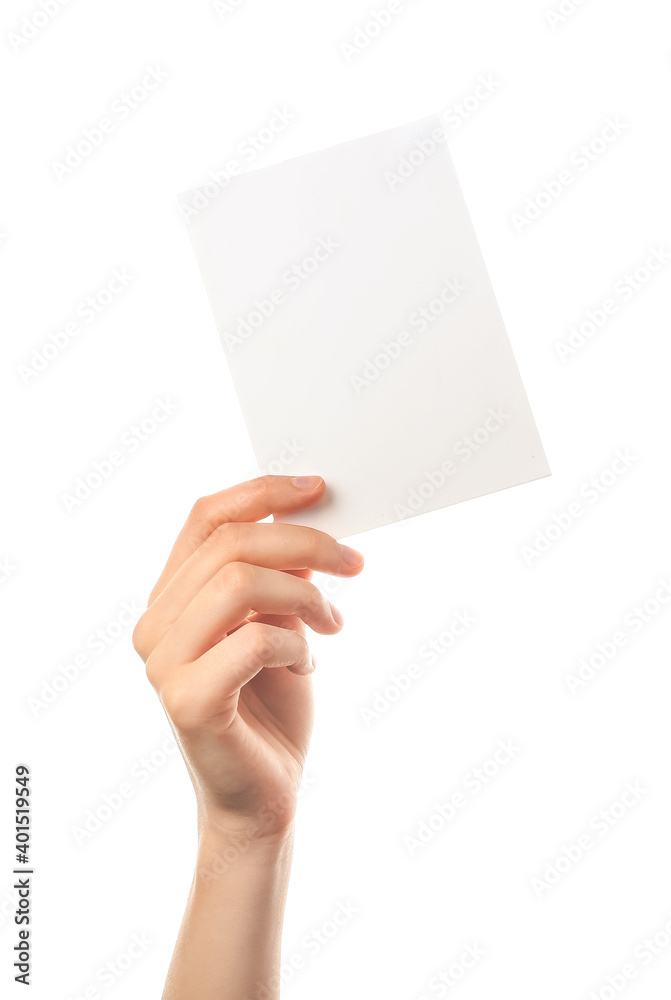 Female hand with blank paper card on white background