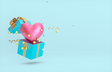 Poster - Sweet Valentine's day background with heart shape in a gift box. 3d render.