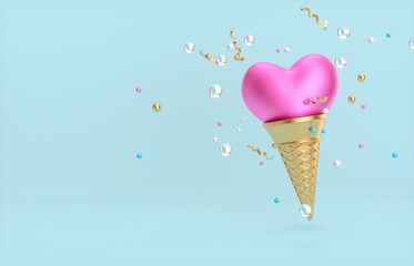 Aufkleber - Sweet Valentine's day background with heart shape on ice cream cone. 3d render.