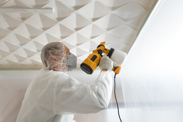 Wall Mural - The painter is painting a 3d ceiling with a spray gun.