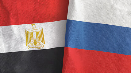 Russia and Egypt two flags textile cloth 3D rendering