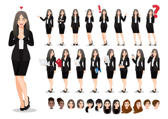 Wall Mural - Businesswoman cartoon character set. Beautiful business woman in office style black suit. Vector illustration