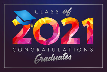 Class of 2021 year graduation banner, awards concept. T-shirt idea, holiday red coloured invitation card, calligraphy. Isolated digits, abstract graphic design template. Brush strokes, dark background