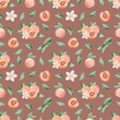 Seamless sweet peaches pattern on light brown background. Peach fruit surface design