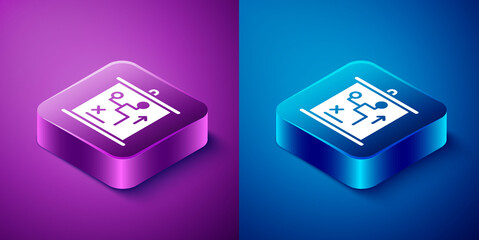 Poster - Isometric Planning strategy concept icon isolated on blue and purple background. Cup formation and tactic. Square button. Vector.