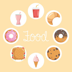 Sticker - bundle of eight fast food set icons and lettering